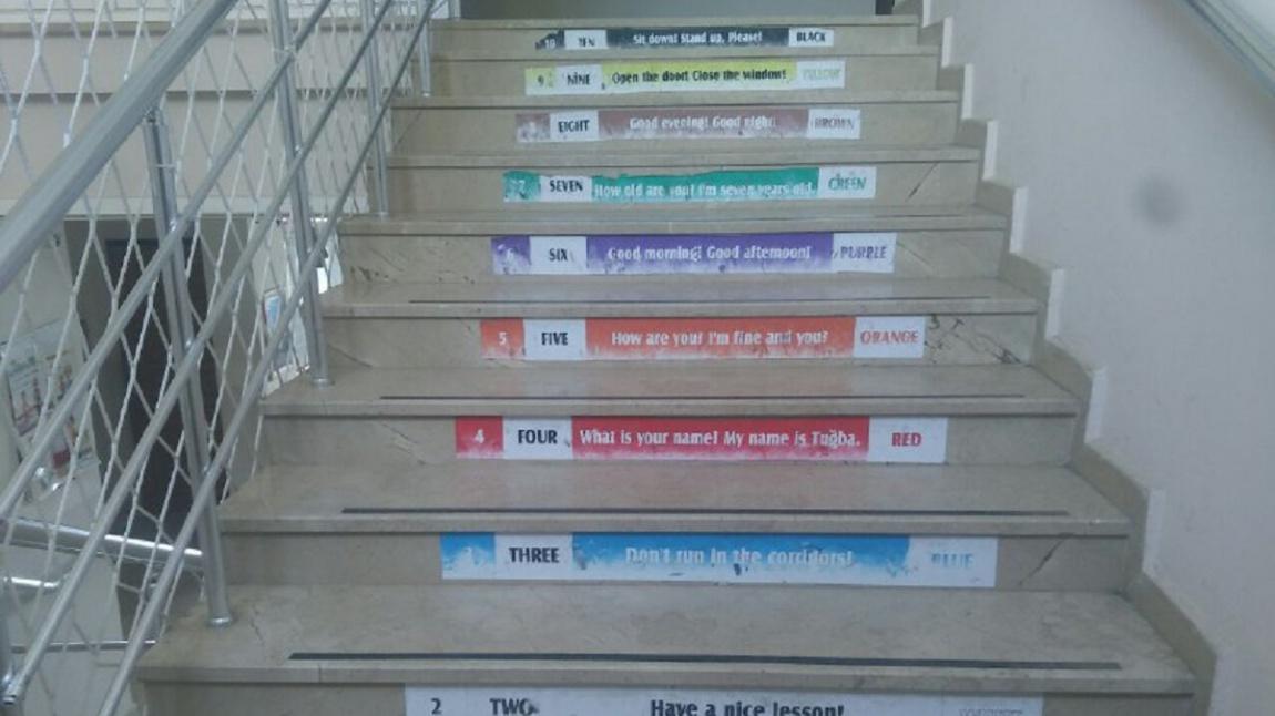 Okulumuz Merdivenlerine İngilizce Kelime Şeritleri